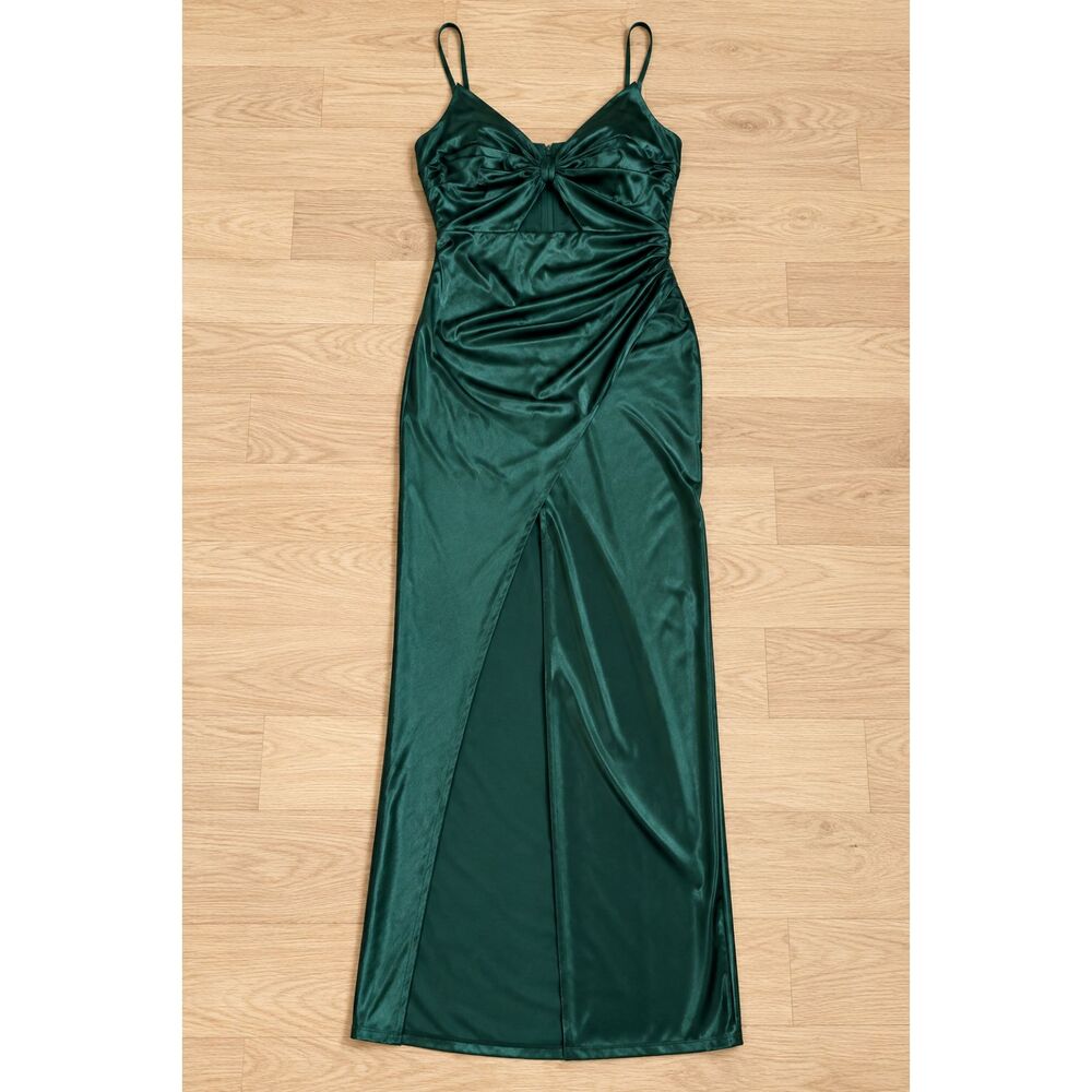 Windsor Andie Hunter Green Satin Knot Front Slit Maxi Dress Size M